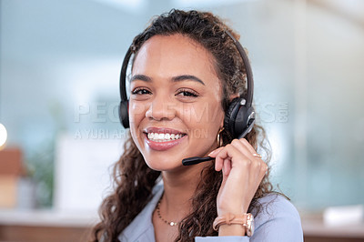 Buy stock photo Portrait, call center and a woman consulting in an office for telemarketing or sales assistance. Customer service, smile or contact with a happy young consultant working in support using a headset