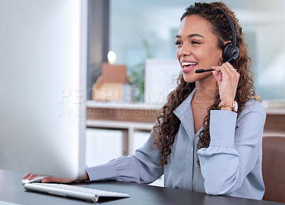 Buy stock photo Call center, computer and a woman consulting in her office for telemarketing, sales or assistance. Customer service, support and crm with a happy young female employee working online using a headset