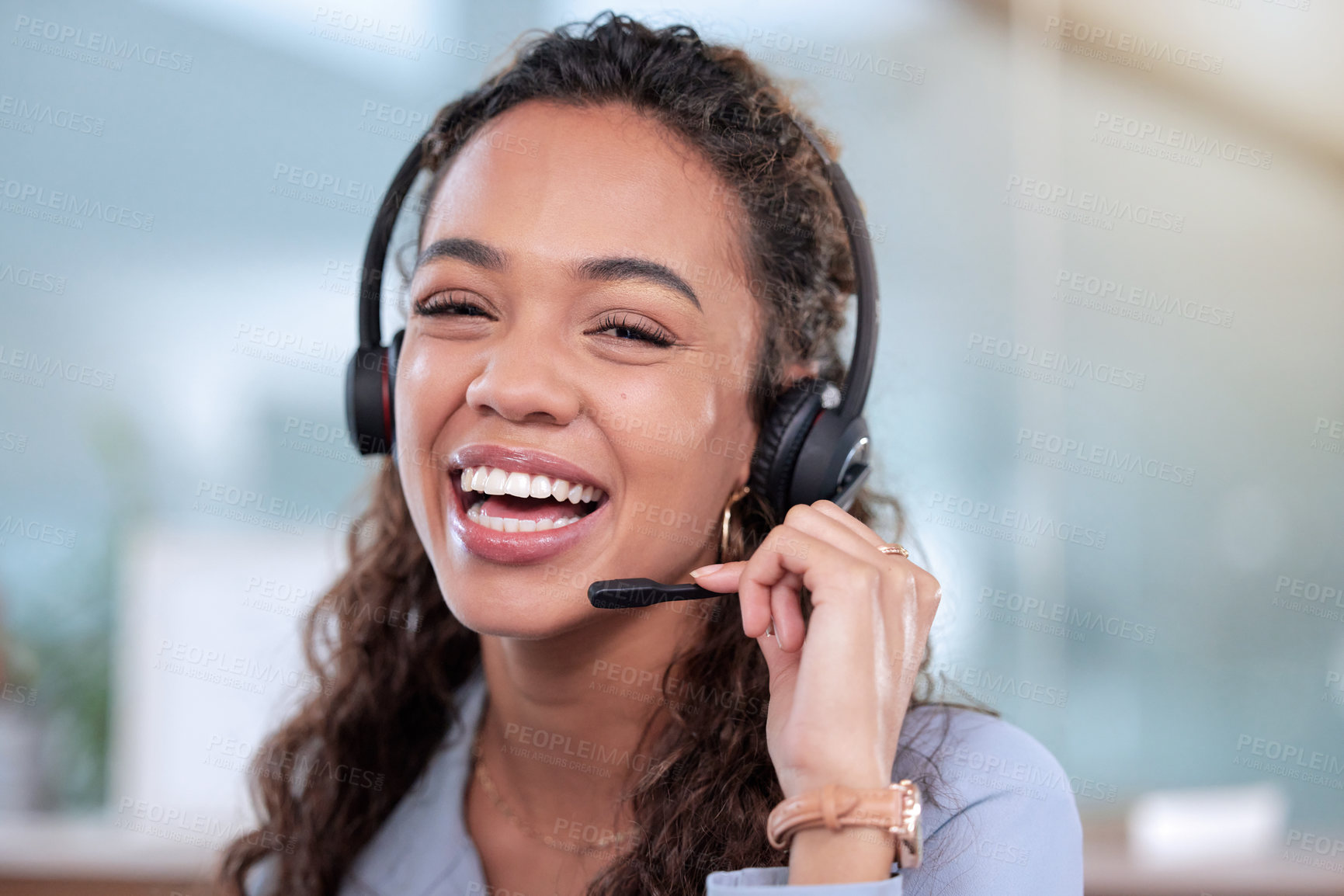 Buy stock photo Portrait, customer service and a woman consulting in an office for telemarketing or sales assistance. Call center, smile or contact with a happy young consultant working in support using a headset