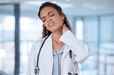 Buy stock photo Doctor, burnout and woman with neck pain in hospital for healthcare, stress and tension in strain. Frustrated, medical professional and accident at clinic with injury for fatigue, tired or overworked