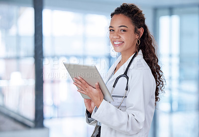 Buy stock photo Portrait, woman and doctor with tablet, smile and telehealth for medical research, online schedule and career. Face, person or medical with professional, technology and news for breakthrough medicine