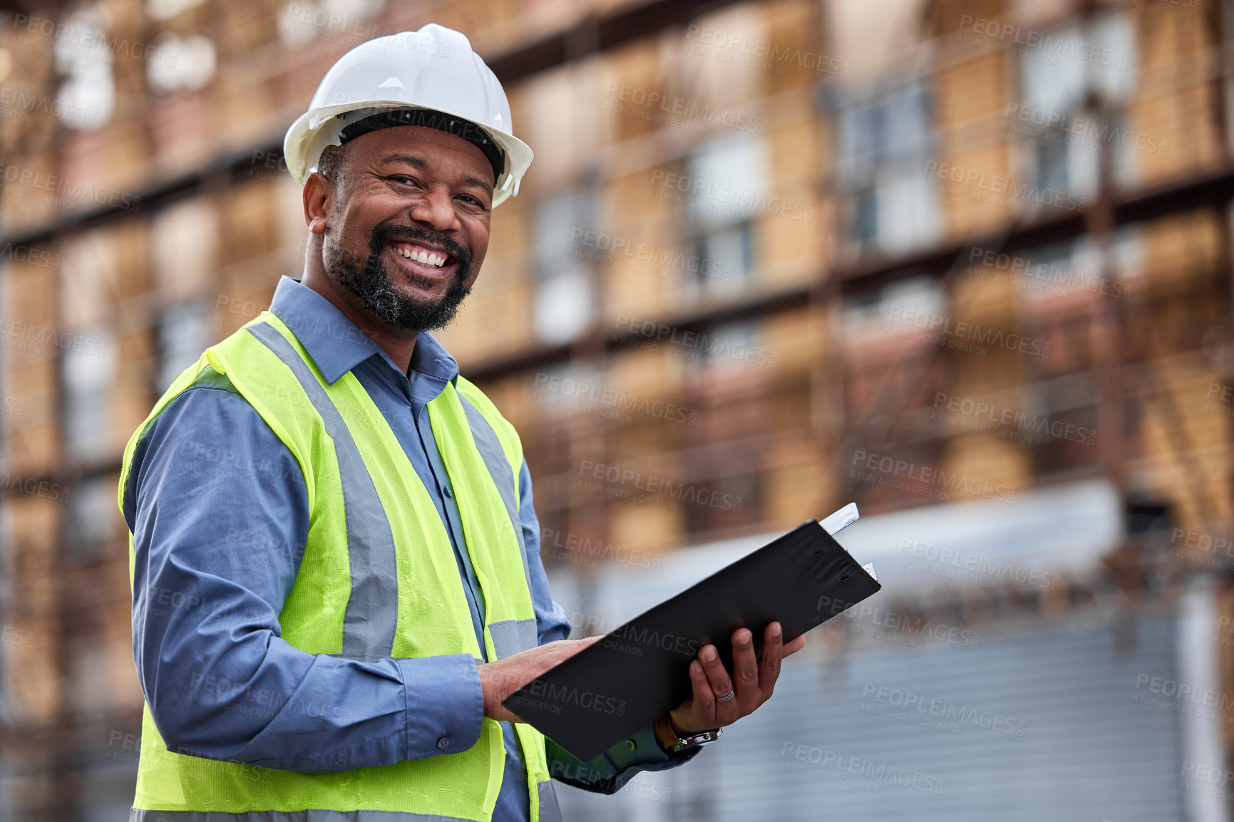 Buy stock photo Portrait, tablet and a black man construction on a building site for planning, architecture or development. Smile, technology and research with a happy mature male architect working in the city