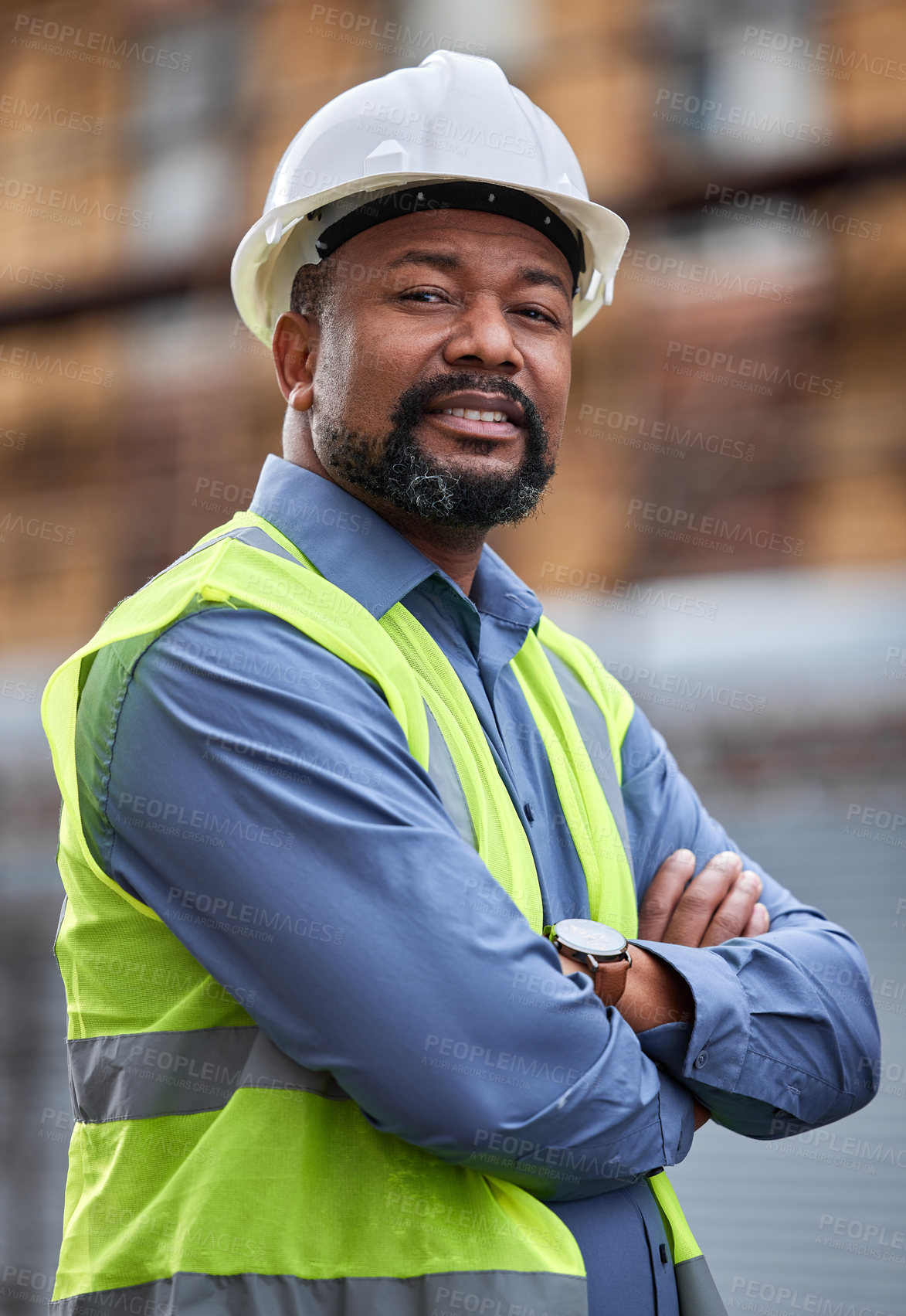 Buy stock photo Portrait, confident and male person as contractor outdoors for developing or planning of construction projects. Professional, architect and industry for safety with arms crossed for development