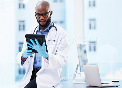 Buy stock photo Healthcare, tablet or black man doctor in office for research, planning or hospital faq. Help, stethoscope or cardiovascular surgeon with digital communication, consulting or Telehealth service app