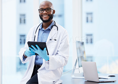 Buy stock photo Black man, doctor and happy with tablet for results or report as healthcare worker. Portrait, cardiologist and smile with website for information or treatment guidelines, database or online schedule