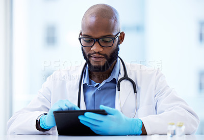 Buy stock photo Black man, doctor and tablet for results or report as healthcare worker. Prescription, cardiologist and internet website for information or treatment guidelines, appointment  and online schedule
