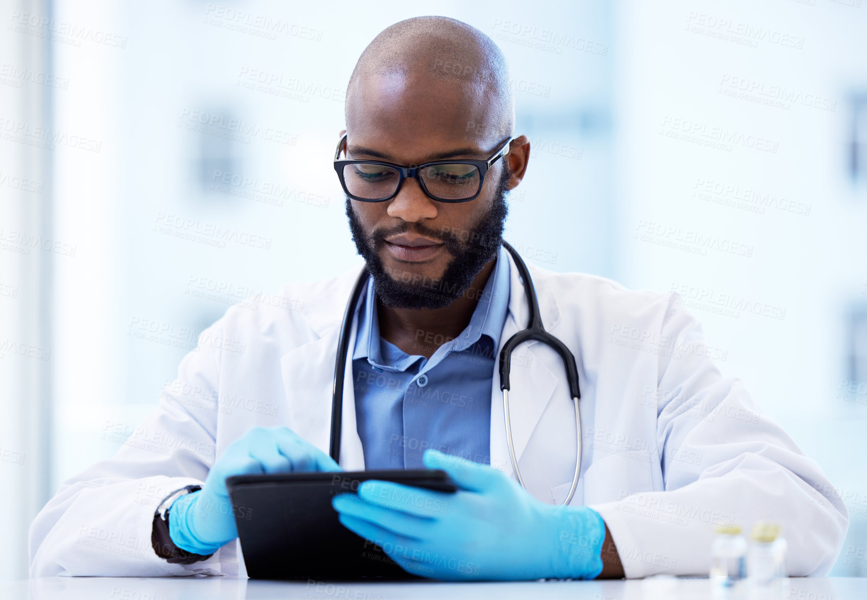 Buy stock photo Black man, doctor and tablet for results or report as healthcare worker. Prescription, cardiologist and internet website for information or treatment guidelines, appointment  and online schedule
