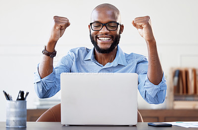 Buy stock photo Laptop, success and black man in office for celebration, winning or goal achievement of business consultant. Computer, prize or happy professional reading good news for job promotion, bonus or cheers