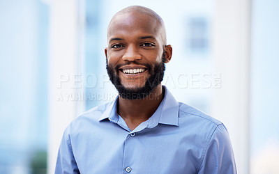 Buy stock photo Businessman, closeup and portrait in office with smile for career, investment banker or broker. Male person, joy and workplace with happiness for job at corporate, financial advisor or consultant