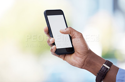 Buy stock photo Phone, mockup and hand of businessman typing, contact or screen with chat to client with news. Trading, person and research investment or stocks with smartphone and reading financial info on app