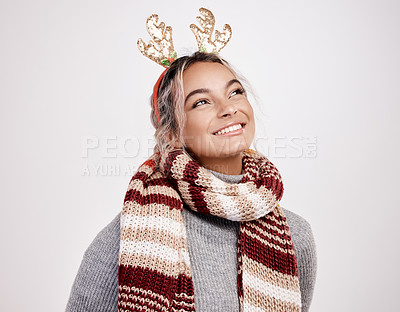 Buy stock photo Woman, Christmas and happy with thinking in studio on white background in casual, style for fashion. Female person, smile and satisfied for clothes or winter wear, outfit and confident with thoughts