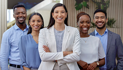 Buy stock photo Portrait of a group of businesspeople enjoying a break outside at the office