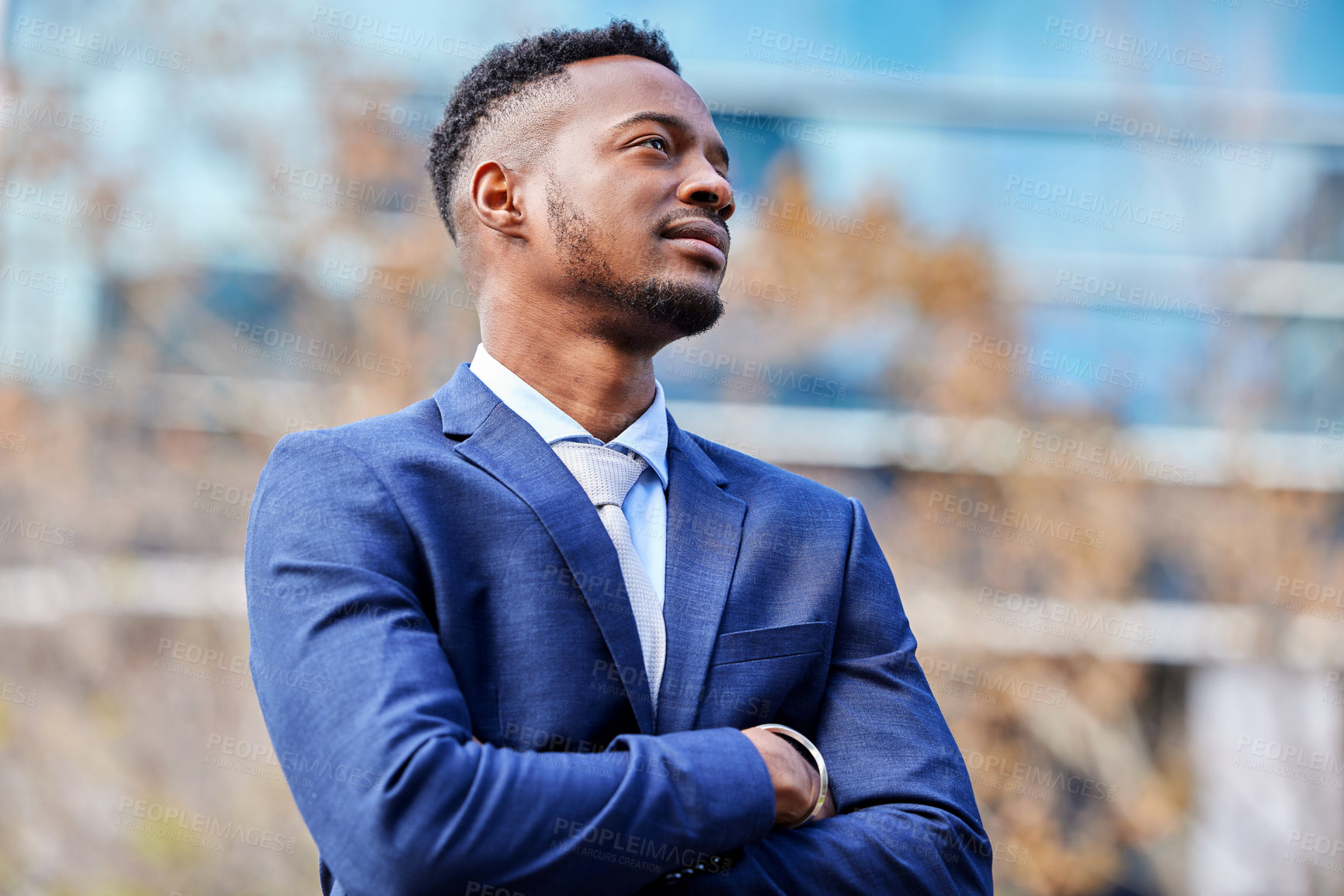 Buy stock photo Thinking, arms crossed and business man in city for corporate, vision and professional. Urban, pride and mission with African male employee in Nigeria town for natural, confident and mindset