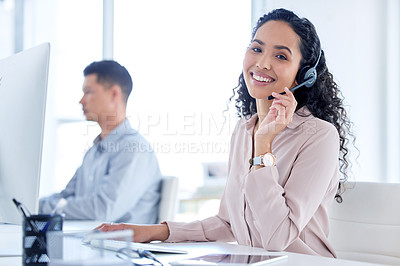 Buy stock photo Portrait, smile or businesswoman with headset in office for career, call agent or telecommunication. Employee, female person or consultant for advice, support or answer questions for customer service