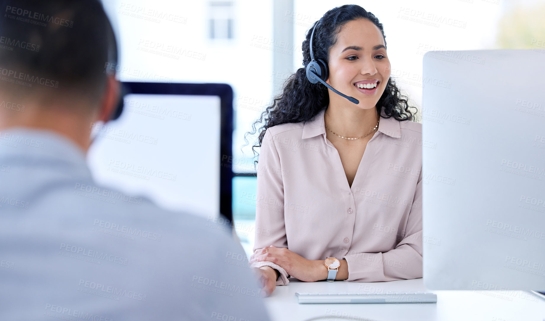 Buy stock photo Communication, speaking and woman in call center office for consultation, support or business helpline. customer service, telecom and friendly agent with headset for conversation, help or information