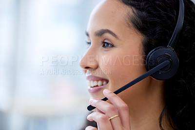 Buy stock photo Thinking, call agent and woman with headset in office for career, smile and telecommunication. Employee, female person and consultant with ideas, support and answer questions for customer service