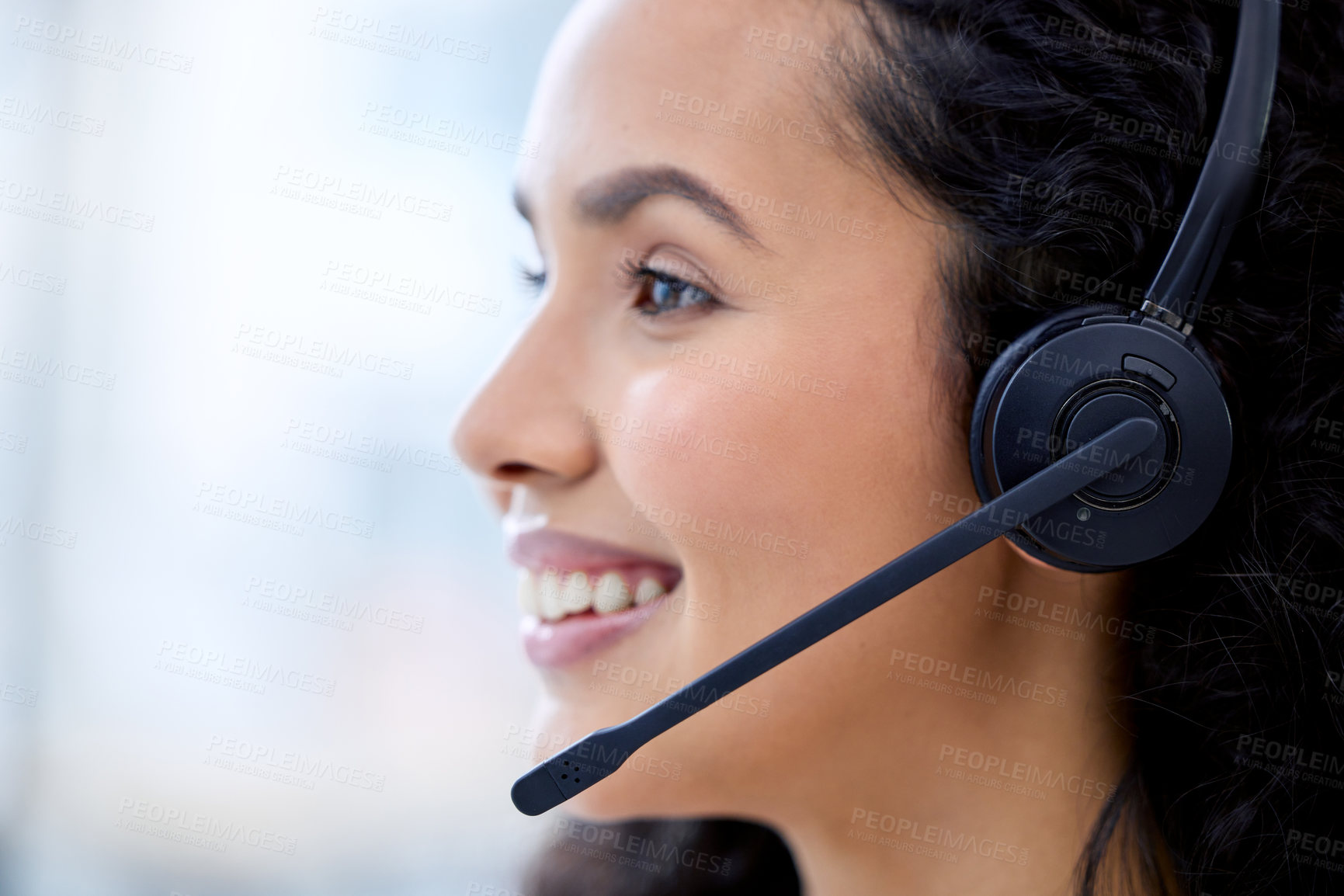 Buy stock photo Contact us, smile or businesswoman with headset in office for career, call agent or telecommunication. Employee, female person or consultant with support or answer questions for customer service