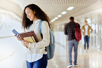 Buy stock photo College student, books and woman with a phone at school for social media communication. Happy african person with backpack while typing on smartphone at university for education, research or schedule
