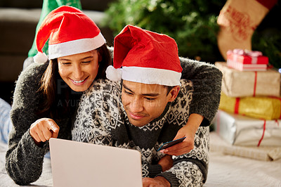 Buy stock photo Christmas, sale and couple online shopping with credit card for gift in home and chat with discount on laptop, Happy, woman and man click pay on internet for present with ecommerce, website and store