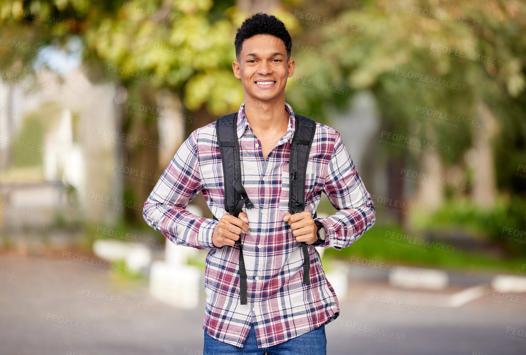 Buy stock photo Smile, college and portrait of a man on campus for studying, learning and education in the morning. Happy, scholarship and a young male student excited to start at a university for academic study
