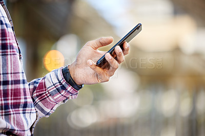 Buy stock photo Person, scroll and phone in hand outdoor with student on campus reading info on college app. Search, online and streaming video with smartphone in park or check university email, notification or chat