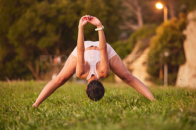 Buy stock photo Woman, exercise and stretching in park with yoga and spiritual workout in calm morning. Garden, sunrise and girl outdoor training for health, wellness and holistic practice for fitness in nature