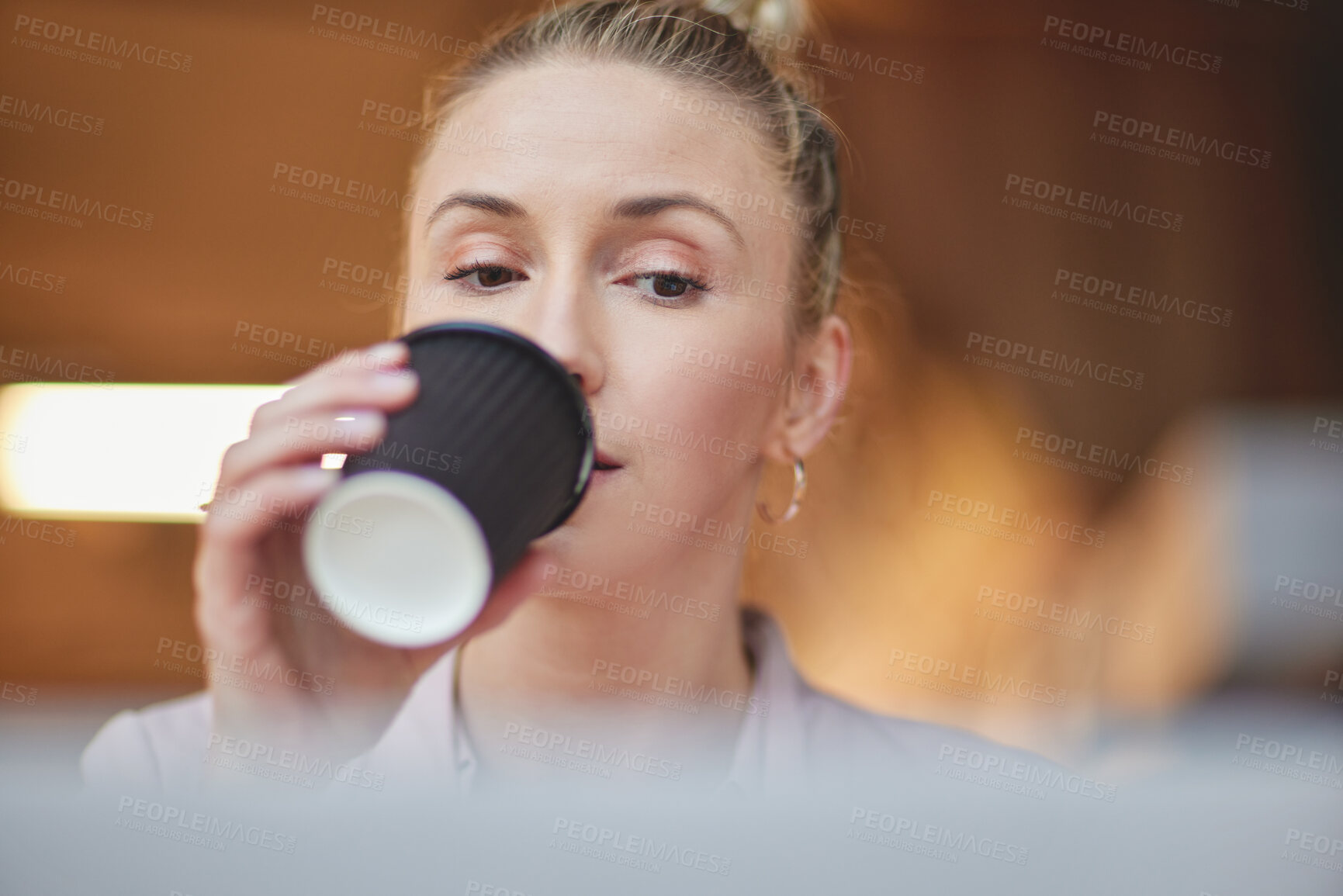 Buy stock photo Office, computer and woman with paper cup, drinking or thinking with ideas for online startup planner. Schedule, agenda and consultant reading email with coffee, lead or research for business website