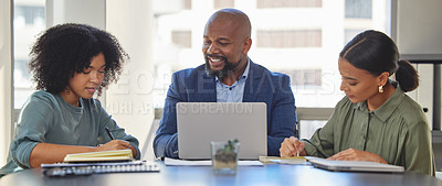 Buy stock photo Business people in meeting, collaboration with laptop and notebook for notes, ideas and project strategy in workplace. Diversity, corporate team and productivity with man and women planning agenda