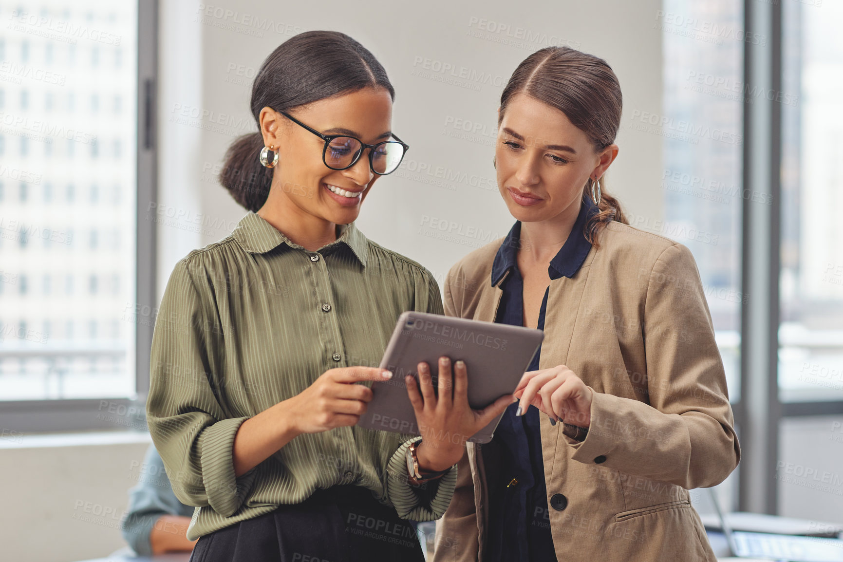 Buy stock photo Business woman, team and discussion with tablet for news, research or online browsing at office. Female person or employees in conversation or meeting with technology for media or app at workplace