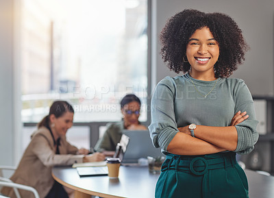 Buy stock photo Happy, arms crossed and portrait of business woman in meeting for planning, smile and professional. Happiness, career and workshop with female employee in office for creative, confident and startup