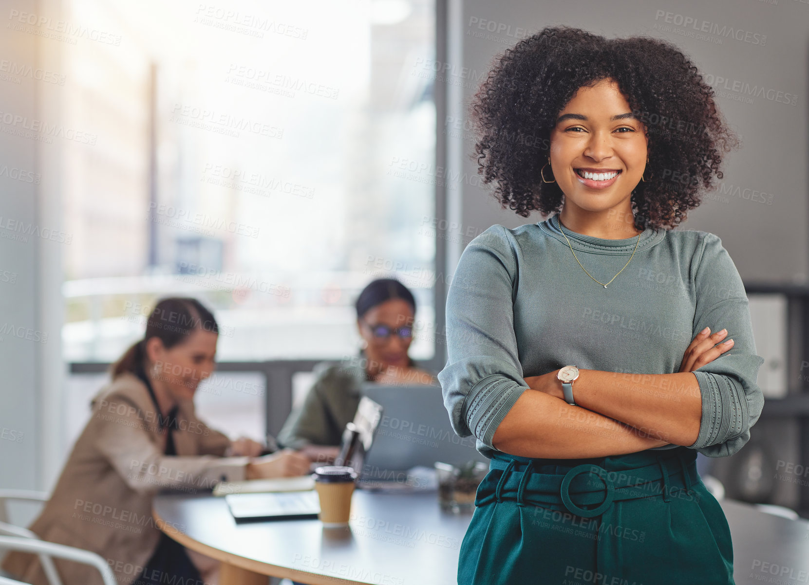 Buy stock photo Happy, arms crossed and portrait of business woman in meeting for planning, smile and professional. Happiness, career and workshop with female employee in office for creative, confident and startup