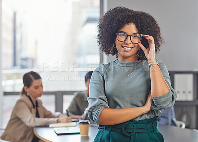 Buy stock photo Leadership, portrait and black woman with arms crossed in office for management, empowerment and ambition. Face, leader and African female manager proud, happy and smile with confidence at startup