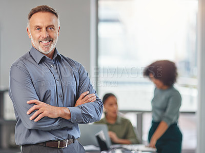 Buy stock photo Portrait of a mature businessman at the office standing in front of his colleagues having a meeting in the background