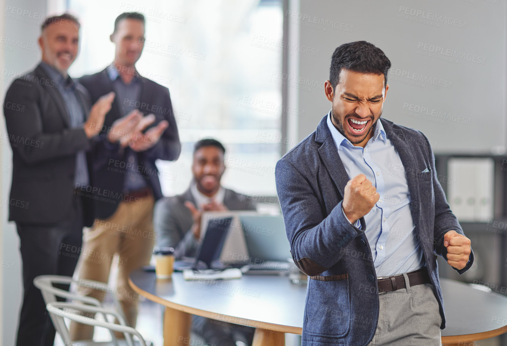 Buy stock photo Excited, businessman and winning with celebration for success, promotion or achievement at office. Young man or employee with group in applause for congratulations, meeting or business accomplishment