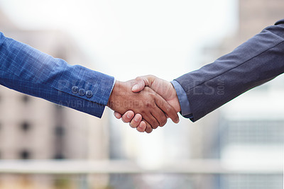 Buy stock photo Handshake, business teamwork and people of city with success, staff agreement and partnership. Closeup of team, collaboration and deal of workers in support, greeting and welcome with shaking hands