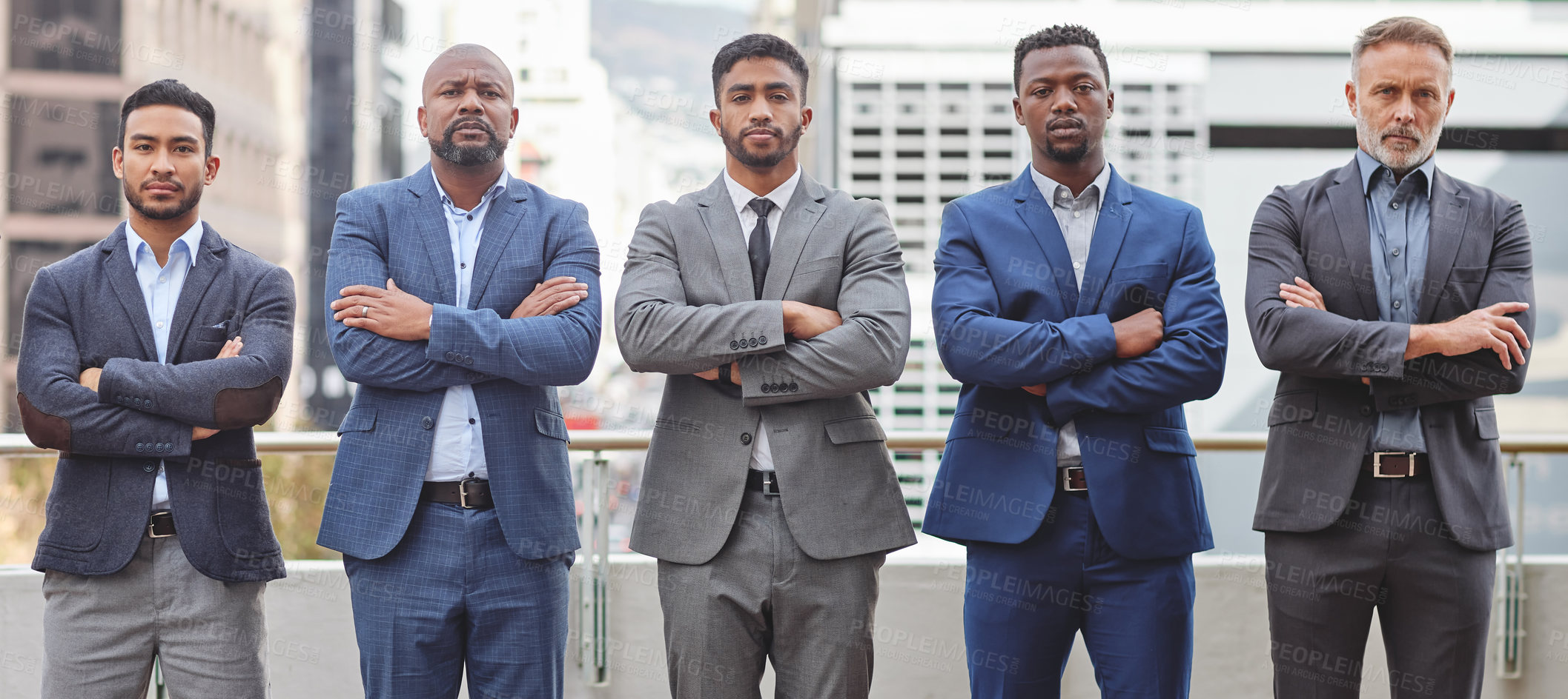 Buy stock photo Portrait of businessmen with arms folded looking ready and confident outside