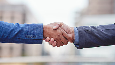 Buy stock photo Handshake, business people and motivation of staff with success, agreement and partnership. Teamwork, collaboration and deal of businessman with a greeting and yes hand sign with shaking hands