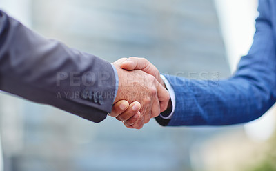 Buy stock photo Handshake, city business men and motivation of staff with success, agreement and partnership. Team work, collaboration and deal of businessman with a greeting and welcome hand gesture with partner
