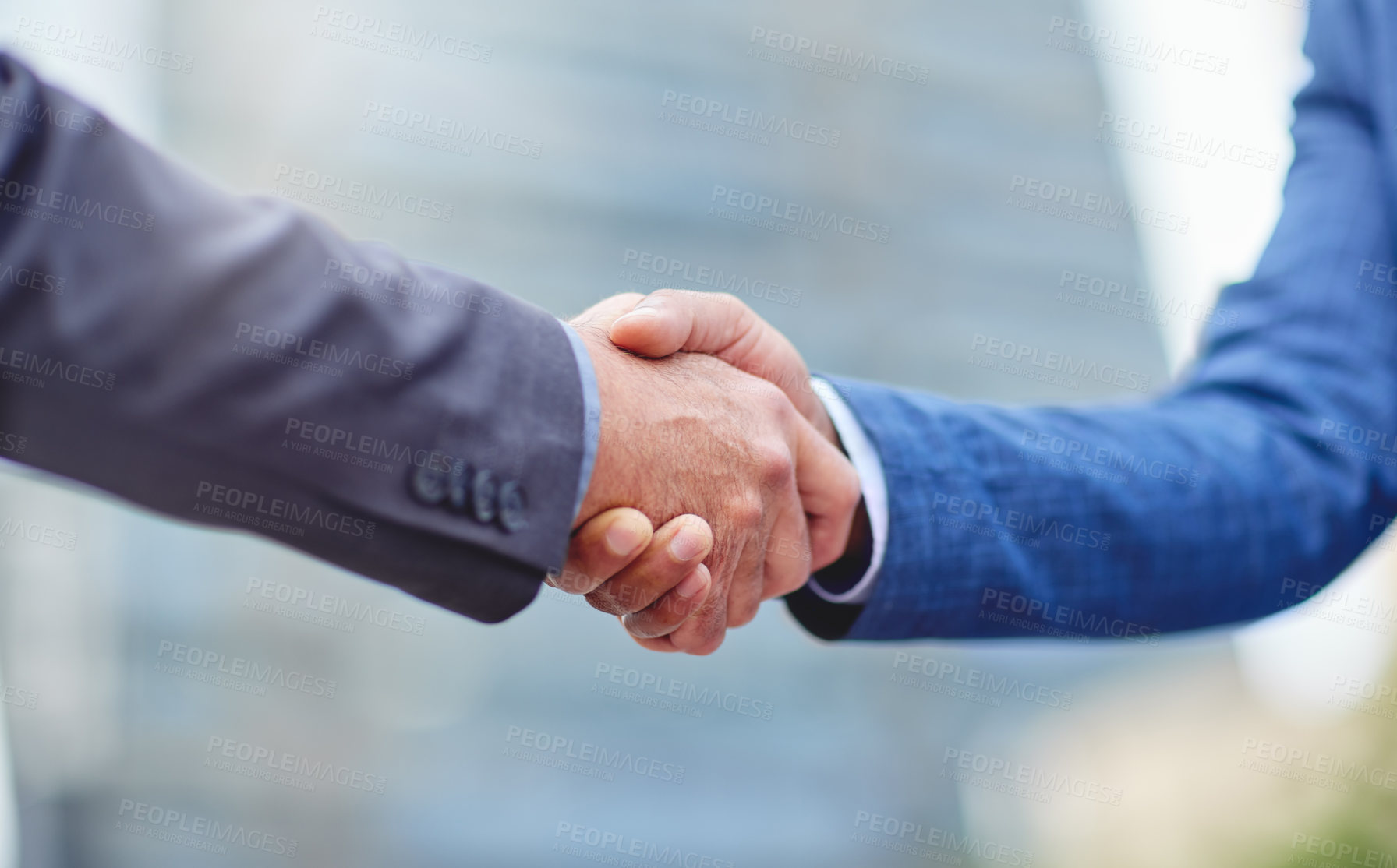 Buy stock photo Handshake, city business men and motivation of staff with success, agreement and partnership. Team work, collaboration and deal of businessman with a greeting and welcome hand gesture with partner