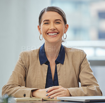 Buy stock photo Corporate, happy and portrait of business woman in office with confidence, pride and positive attitude. Professional, consultant and worker with smile for career, job and work opportunity at desk