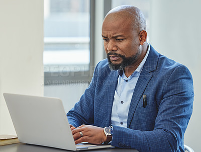 Buy stock photo Laptop, problem and frustrated black man in office with online error or reading mistake in report. Internet, fail and confused businessman with feedback, email and review website with a challenge