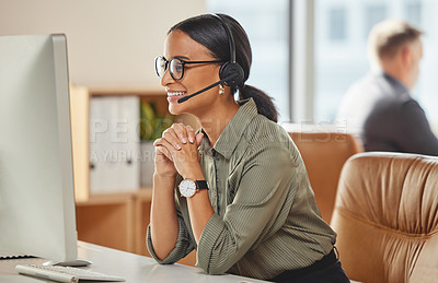 Buy stock photo Call center, smile and business woman consulting for crm, contact us and telemarketing in office. Happy, customer service and female consultant with friendly service in online help, support or advice