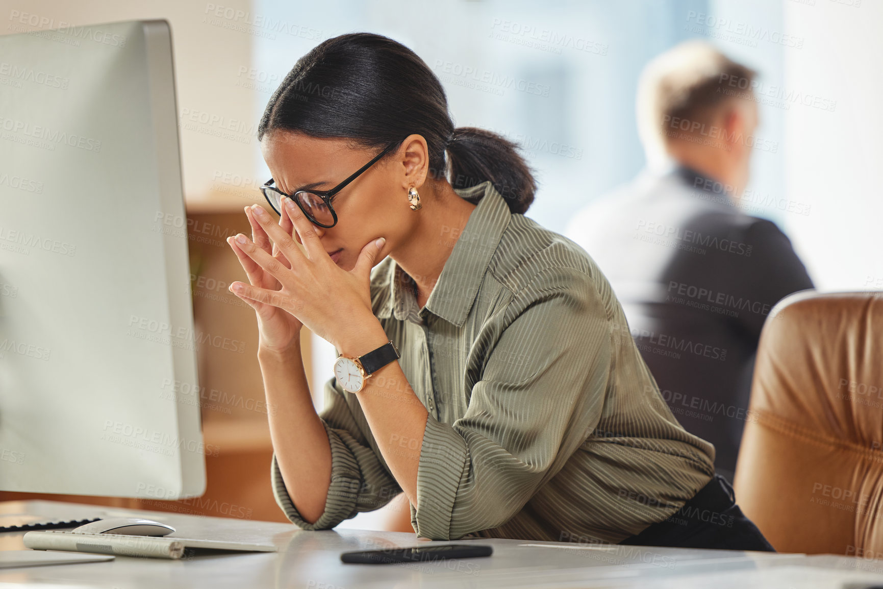 Buy stock photo Stress, headache and business woman on computer in office with glitch, problem or 404. Anxiety, migraine and frustrated female manager with online issue, vertigo and eye strain, brain fog or deadline