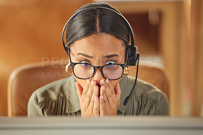 Buy stock photo Call center, mistake and woman with wtf expression while consulting for crm, faq or telemarketing. Business, fail and face of lady consultant with wtf gesture while working in customer support