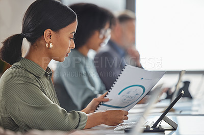 Buy stock photo Reading, strategy and woman in office for sales, telemarketing and planning with tablet. Employee, learning and advice in report to increase profit and document with research stats, graph or info