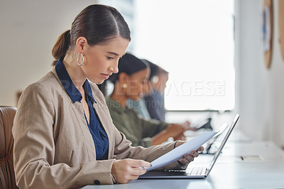 Buy stock photo Woman, reading and strategy in office for sales, telemarketing and planning with report. Employee, learning and review paper to increase profit and document with research info or work with laptop