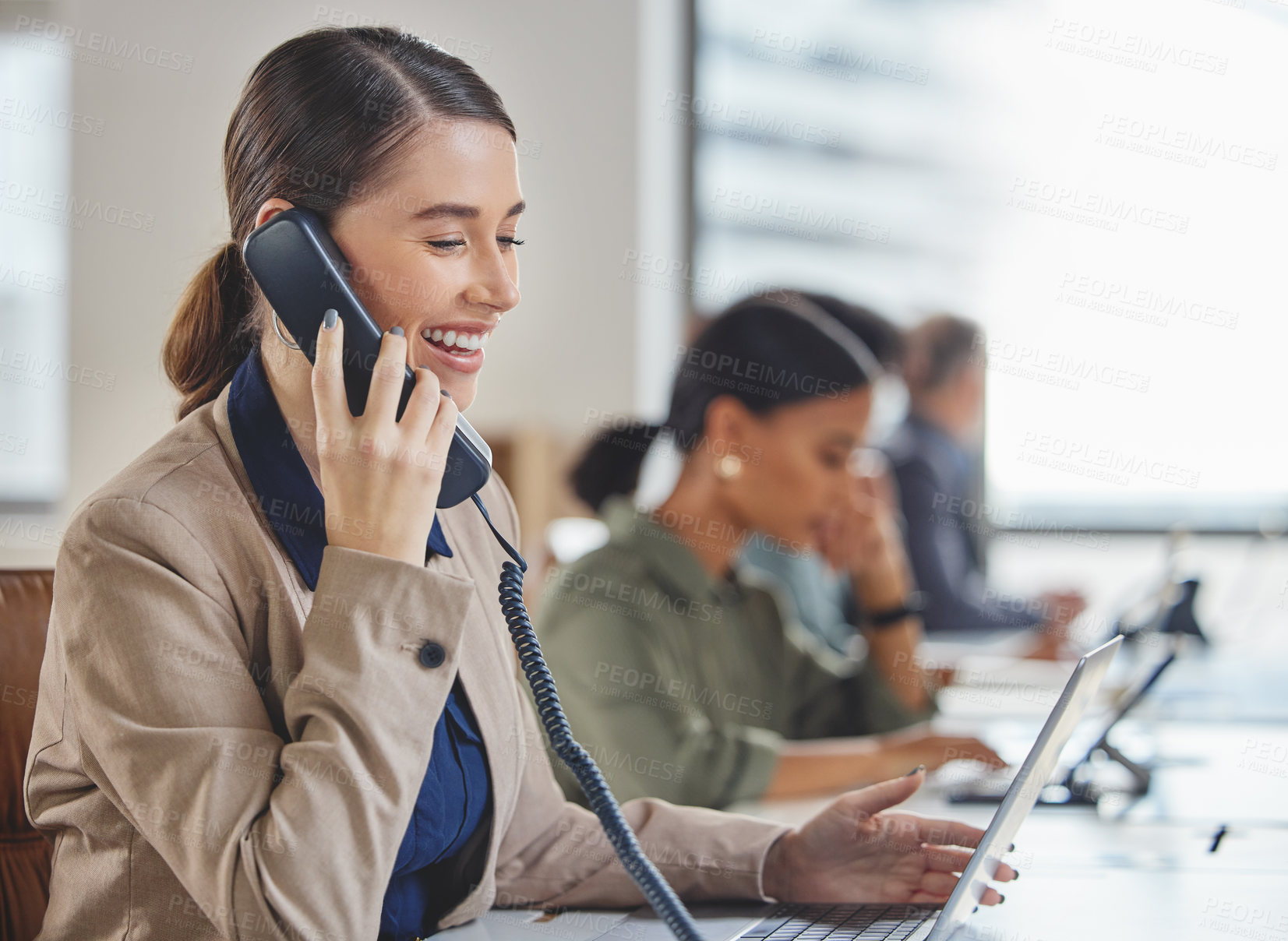 Buy stock photo Office, telephone and employee in call center on laptop for technical support, chat or feedback. Woman, help and virtual telemarketing with advice online for customer service, report and contact us