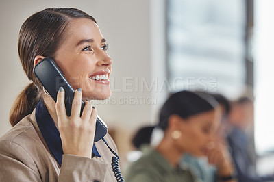 Buy stock photo Office, smile and woman on landline phone call in networking, sales or contact at agency. Telephone, communication and happy consultant with advice, conversation or lead generation in coworking space