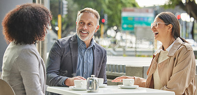 Buy stock photo Business people, coffee shop and meeting for discussion, smile or team building for planning in morning. Businessman, women and teamwork at cafe with happiness for vision, motivation or brainstorming