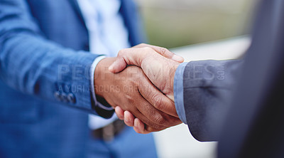 Buy stock photo Partnership, business people and b2b handshake in support of deal, collaboration and teamwork. Men, shaking hands and welcome, thank you or congratulations gesture by professional partner negotiation